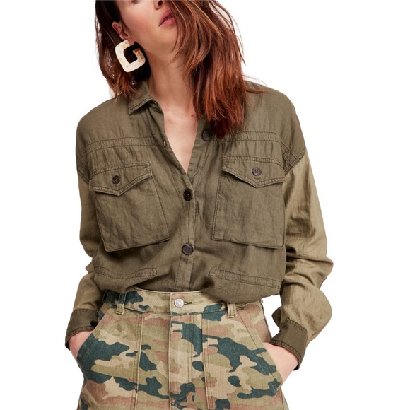 Free People Day Drifter Utility Button Down Long Sleeve Linen Shirt Green NEW - Picture 3 of 7